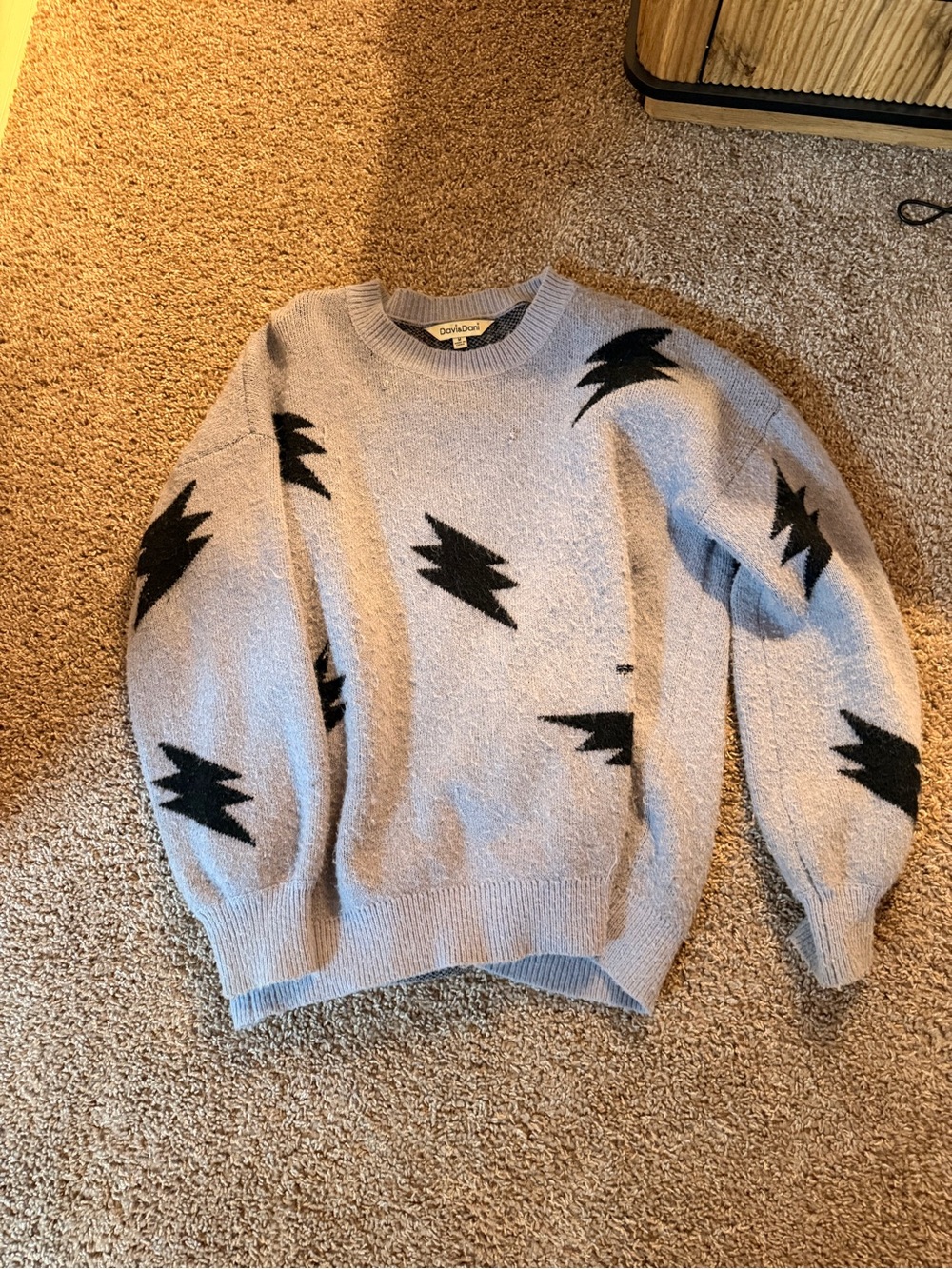 DAVI & DANI Light Blue Crewneck Sweater with Black Lightning Bolts